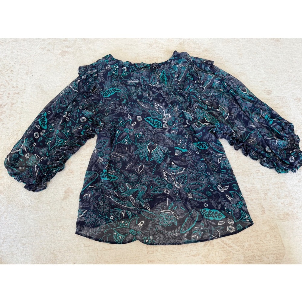 Anthropologie Navy Teal Floral Paisley Lace Up Ruffle Peasant Blouse Small - Picture 6 of 9